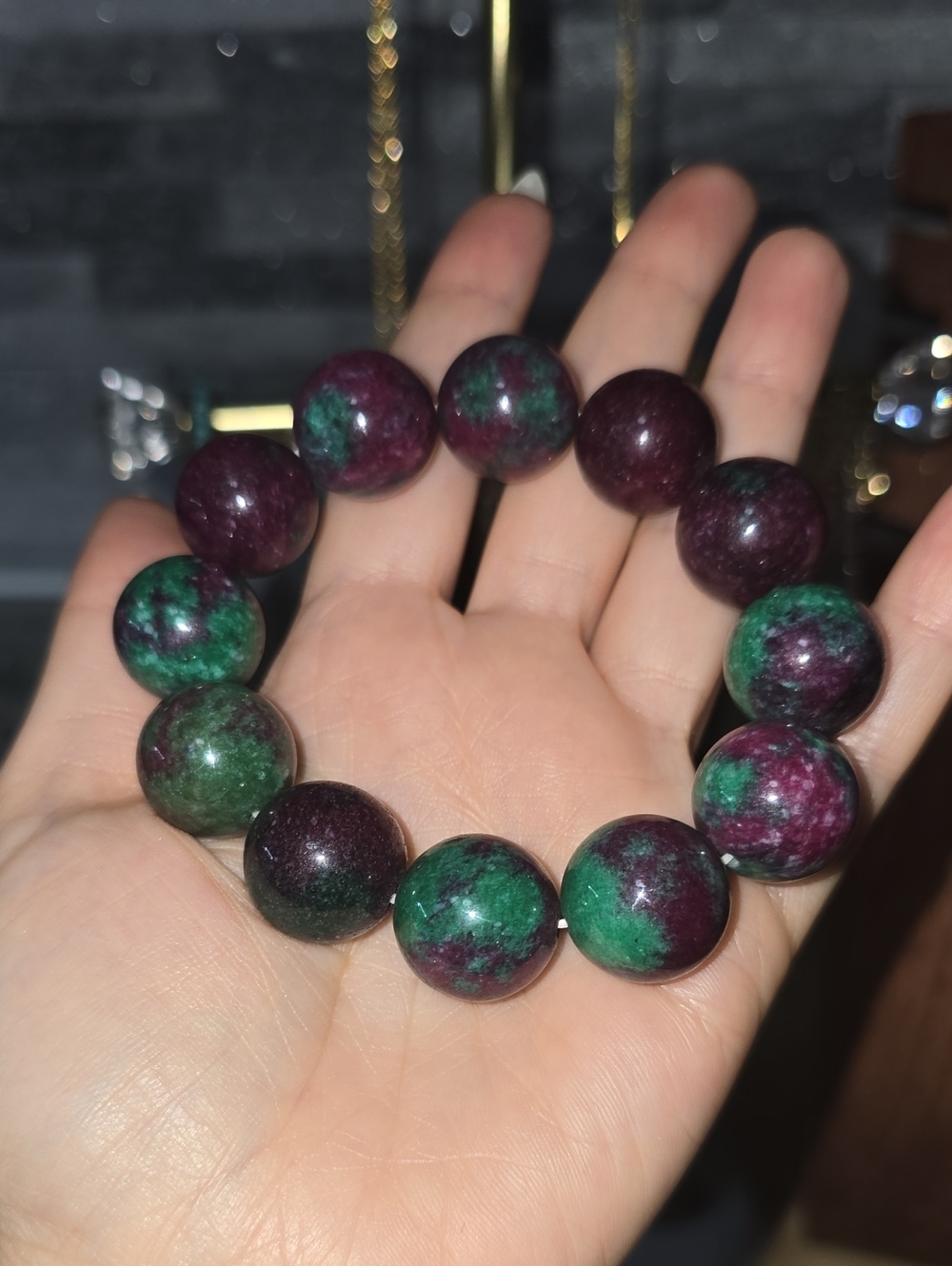 Ruby Zoisite Large Beaded Stretch Bracelet Green & Purple